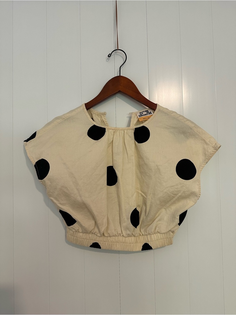 Cream Polka Dot Elastic-Hem Crop Top - Unbranded
